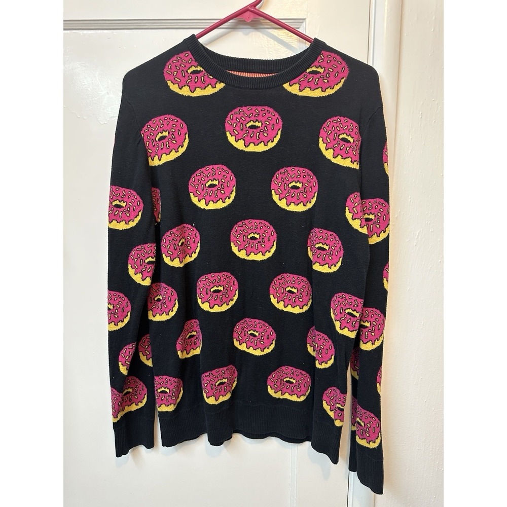 Forever 21 Men Black‎ Sweater with Pink and Yellow Donut Design, dopamine vibe